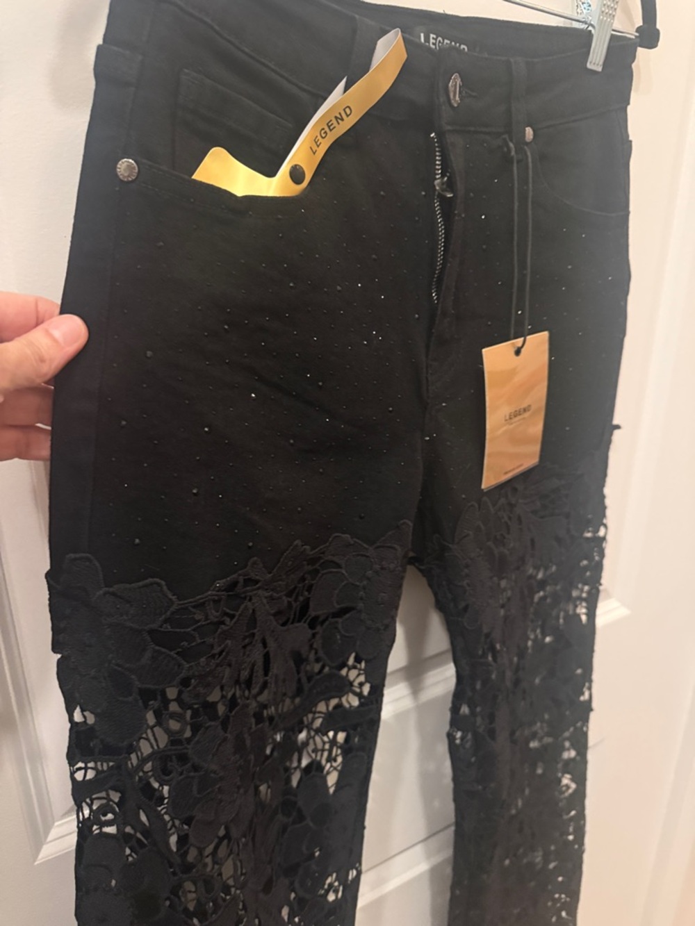 Black Lace Panel Jeans for Women - Picture 3 of 17
